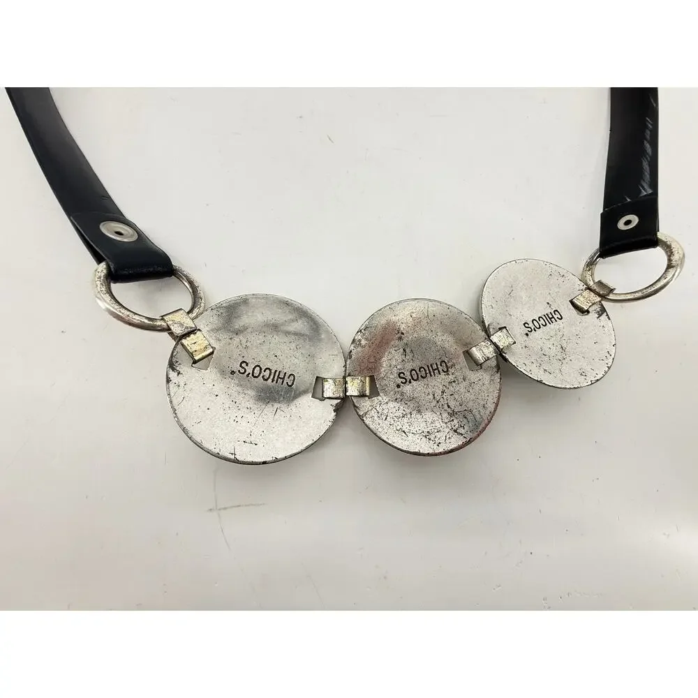 Chicos Silver Medallion Rhinestone Statement Belt Black Leather Boho Size S M